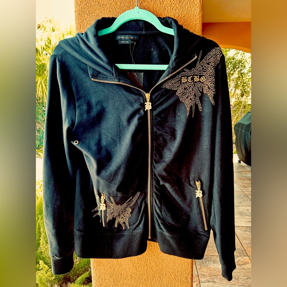 NWT BCBG Jet Black Hoodie BEAUTIFUL Gold *BLING* Butterfly Hoodie SZ Large